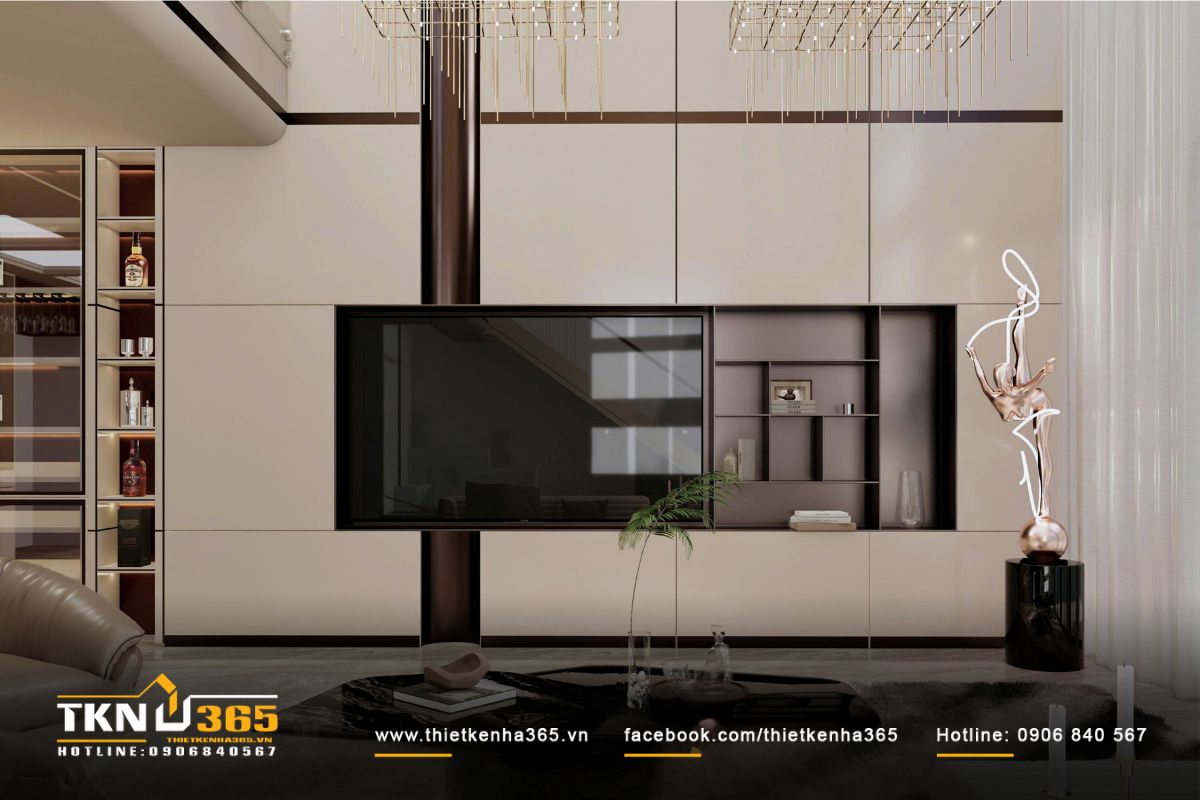 Tường ốp panel lớn tích hợp kệ và tivi mang đến diện mạo gọn gàng, nhấn mạnh tinh thần tối giản hiện đại
