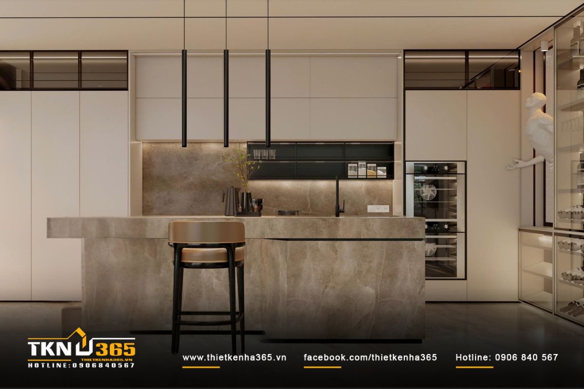 Khu vực bếp - ăn hiện đại với bàn đảo bếp bằng đá nguyên khối