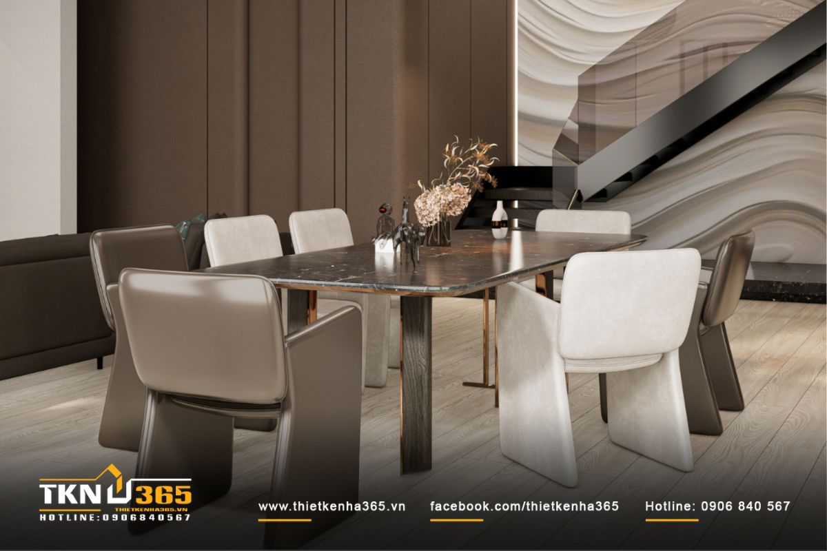 Ghế bọc da màu be và nâu phối hài hòa với nền gỗ sáng, gợi vẻ thanh lịch, hiện đại