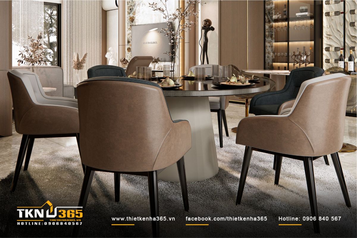 Ánh sáng dịu từ rèm cửa và vật liệu trung tính giúp khu vực ăn uống trở nên nhẹ nhàng và thư thái