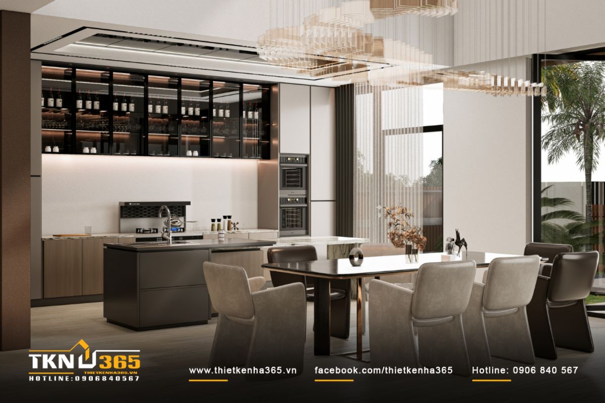 Tủ bếp thiết kế phẳng giấu tay nắm, màu sắc trung tính kết hợp đường viền ánh đồng tinh tế