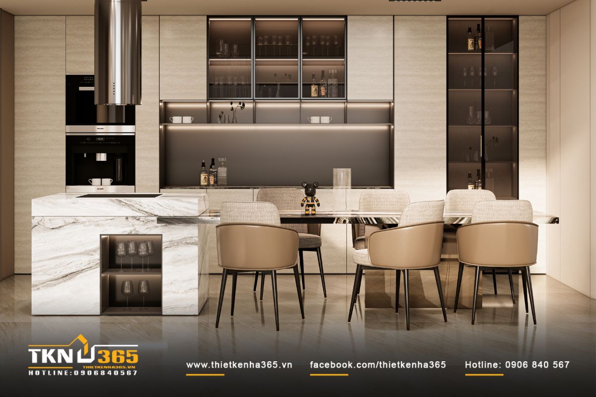 Khu bếp sử dụng đá marble vân tự nhiên và gỗ veneer sáng màu trang nhã