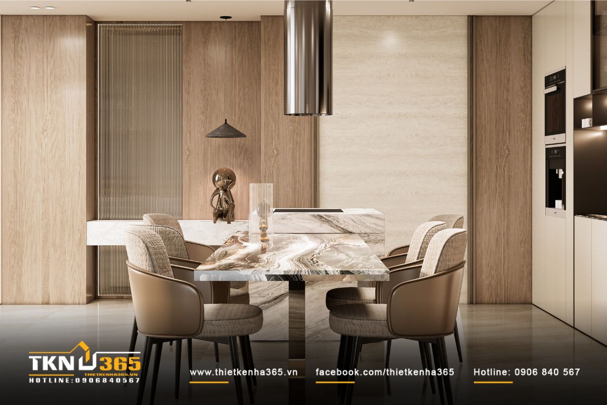 Bộ ghế da khung kim loại tông nâu be phối cùng bàn ăn đá marble mang lại vẻ hiện đại, hài hòa với tổng thể không gian