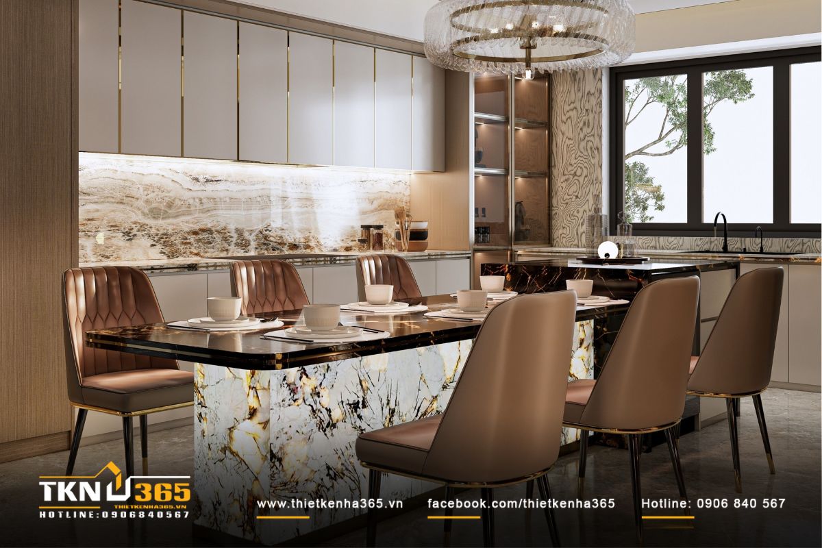 Đảo bếp ốp đá xuyên sáng là điểm nhấn tinh tế của khu vực nấu nướng