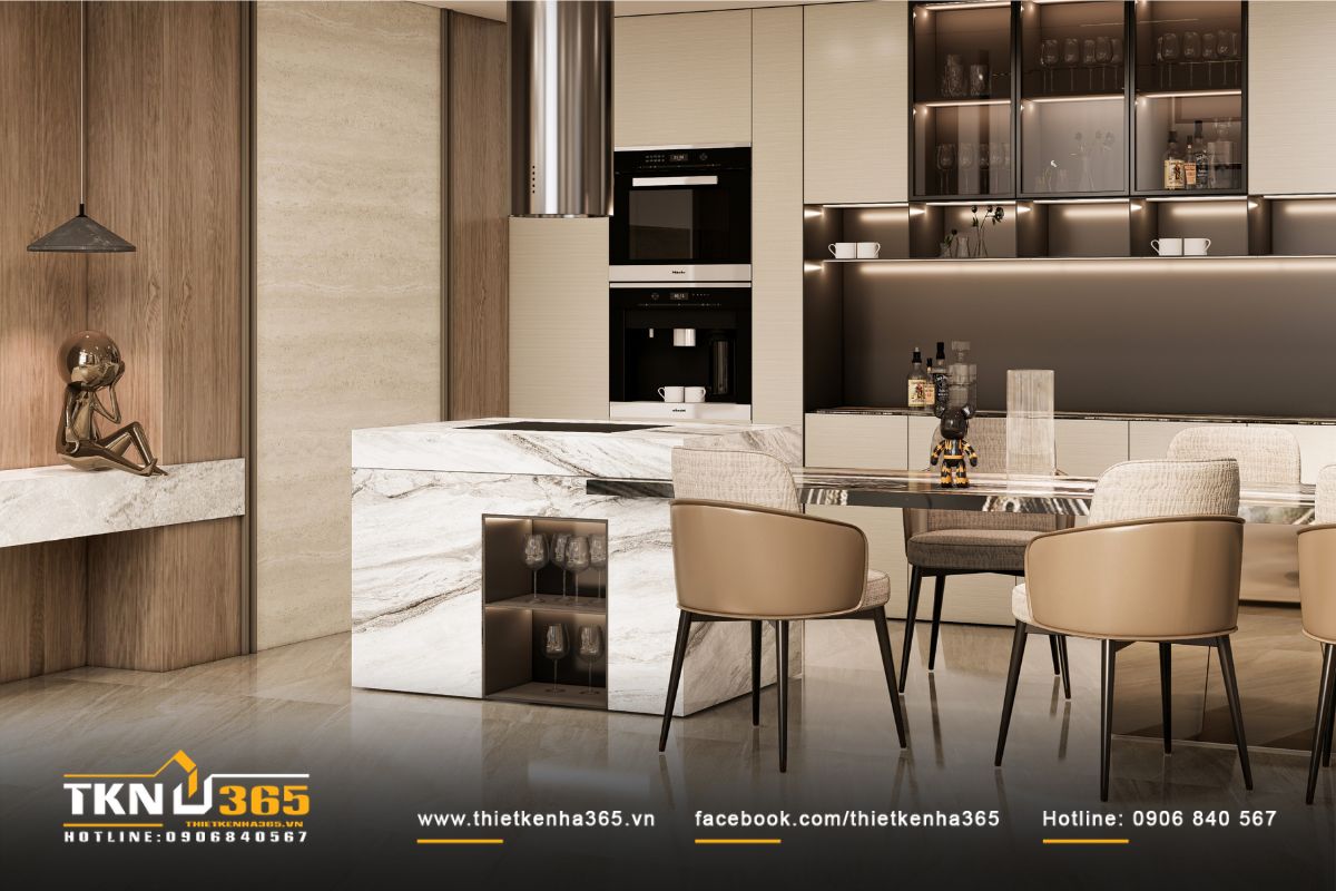 Đảo bếp kết hợp quầy bar nhỏ, đây là nơi nấu nướng và trò chuyện thư giãn của gia đình