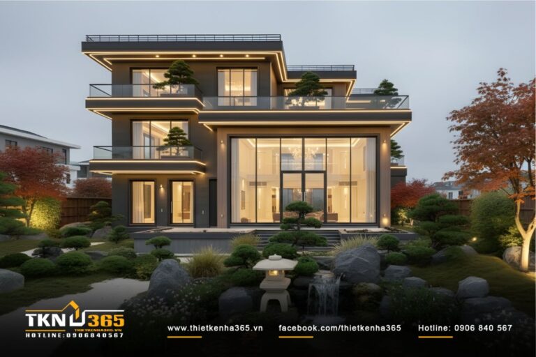 Mặt tiền chính bố trí mảng kính lớn đón sáng, kết hợp mái đua và ban công liên tục giúp giảm nắng trực tiếp