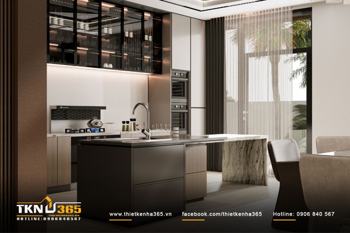 Đảo bếp tích hợp chậu rửa và mặt đá bóng mịn, giúp thao tác tiện lợi và đảm bảo tính thẩm mỹ cao