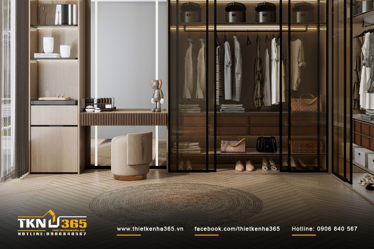 Hệ tủ quần áo bằng kính mờ kết hợp bàn trang điểm bằng gỗ