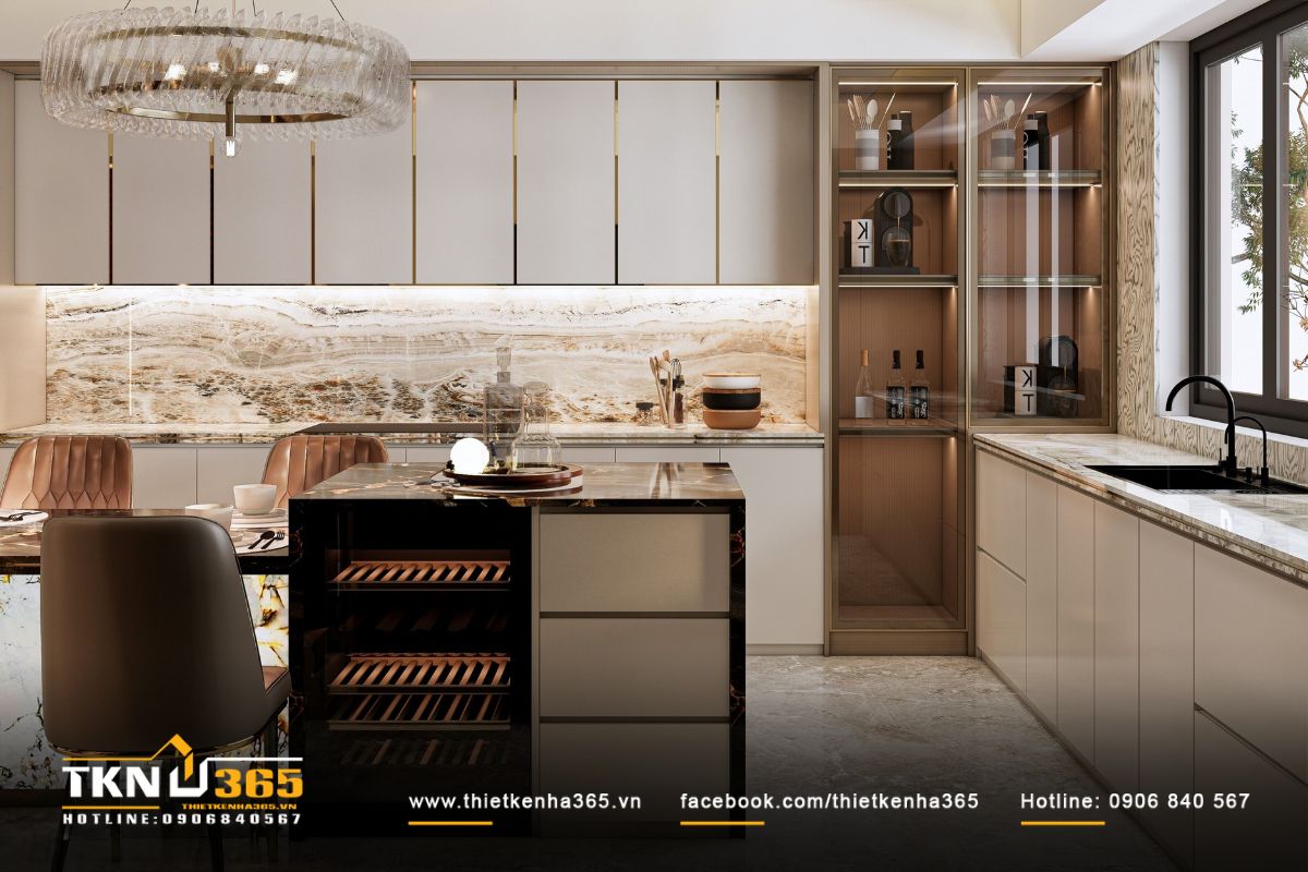 Hệ tủ bếp cánh phẳng, tay nắm âm gọn gàng và hiện đại