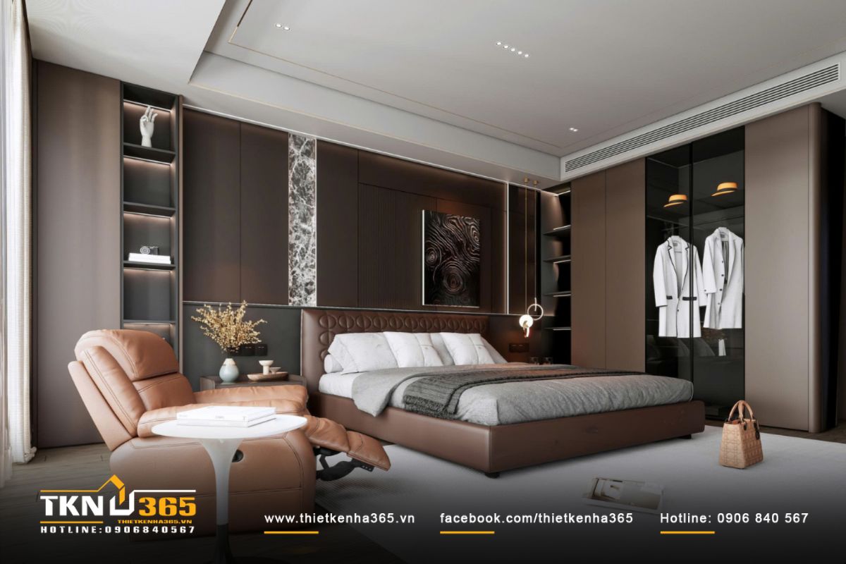 Tủ quần áo kính mờ kết hợp hệ đèn hắt trong đảm bảo tính thẩm mỹ cao, giúp gia chủ thoải mái sắp xếp đồ dùng