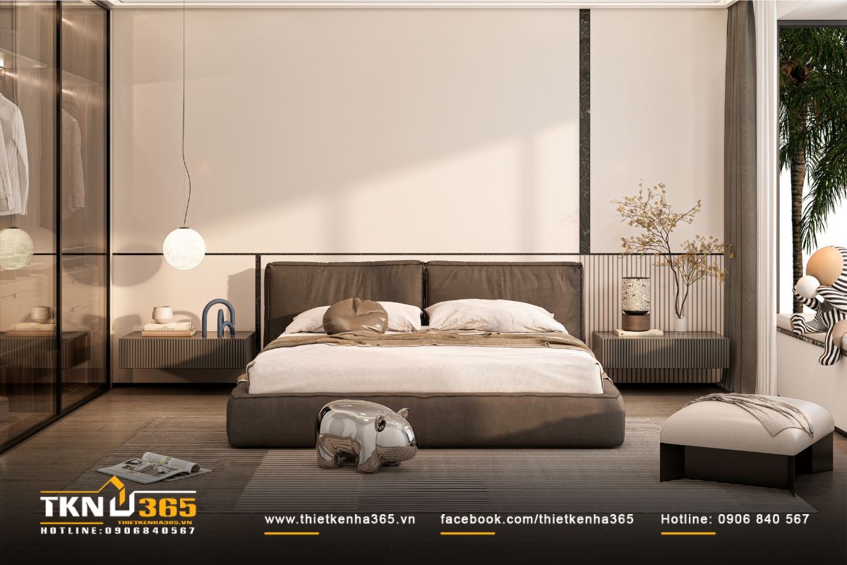Phòng ngủ master phối tông màu nâu - be ấm áp, mang lại cảm giác thư giãn và sang trọng