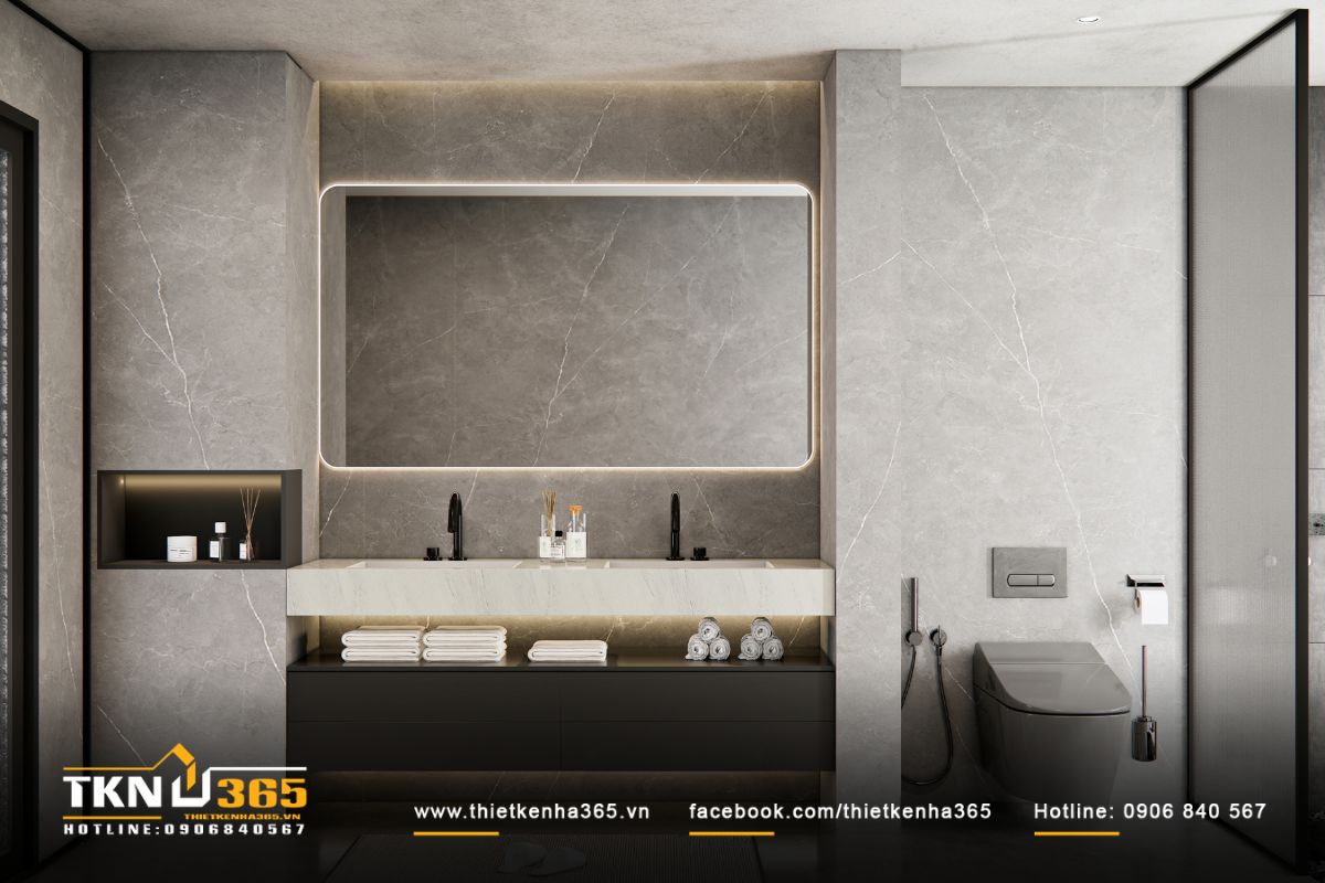 Lavabo đôi ốp đá sáng kết hợp gương đèn LED hiện đại và sang trọng