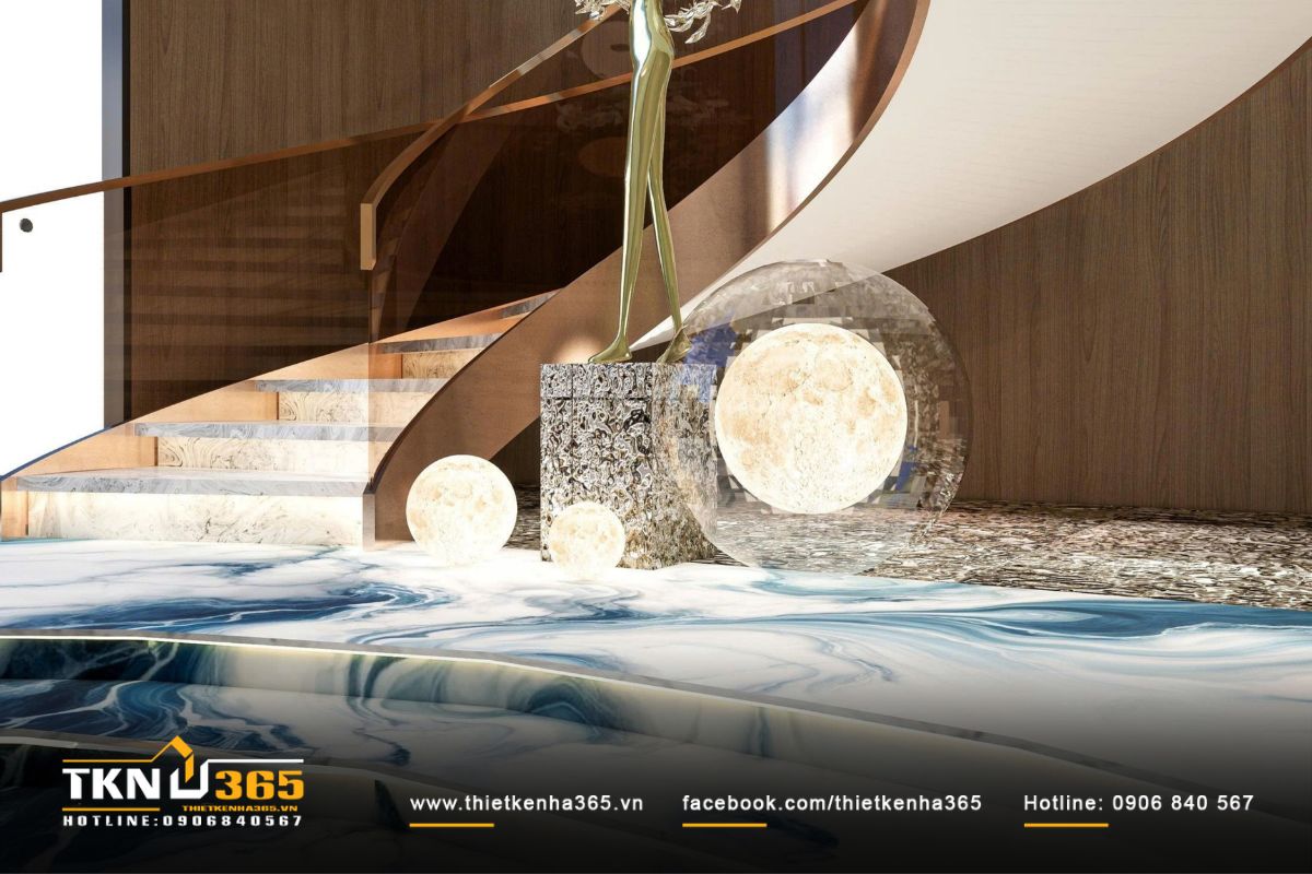 Ánh sáng hắt từ bậc đá và đèn cầu phản chiếu trên nền gỗ, tạo hiệu ứng lung linh như mặt hồ trong nhà