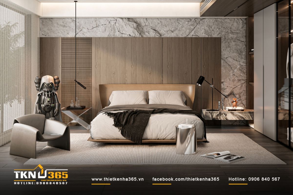 Bức tường đầu giường ốp gỗ veneer xen đá marble tạo chiều sâu thị giác và điểm nhấn vật liệu