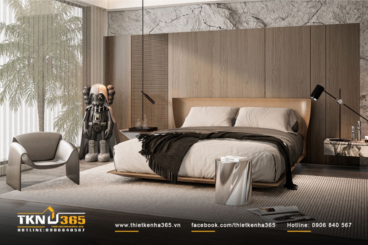 Ánh sáng tự nhiên chan hòa qua cửa kính lớn, kết hợp đèn hắt trần mang lại bầu không khí êm dịu