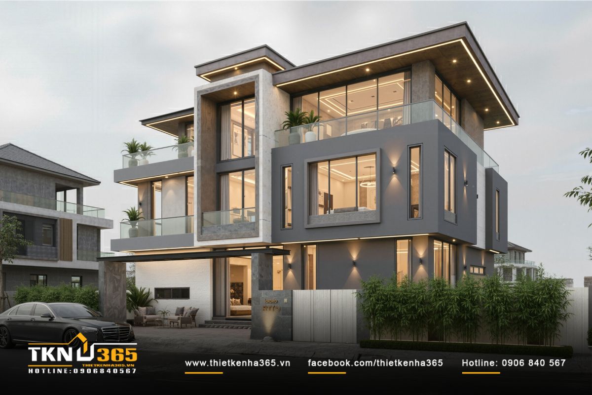 Khối mái bằng vươn dài kết hợp lan can kính trong suốt giúp biệt thự mang vẻ đẹp thanh thoát và nhẹ nhàng