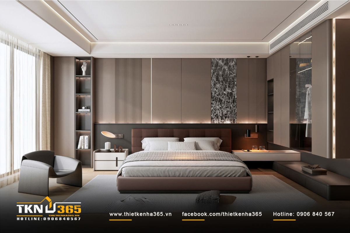 Hệ tủ quần áo bằng kính mờ phản chiếu ánh sáng nhẹ, mở rộng cảm giác không gian