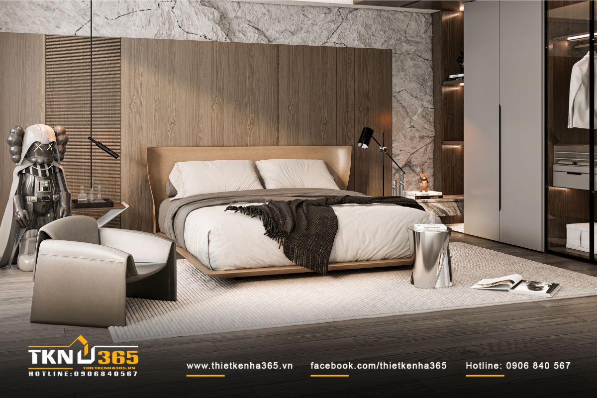 Thiết kế phòng ngủ phụ vẫn giữ tinh thần tối giản và cảm giác ấm áp