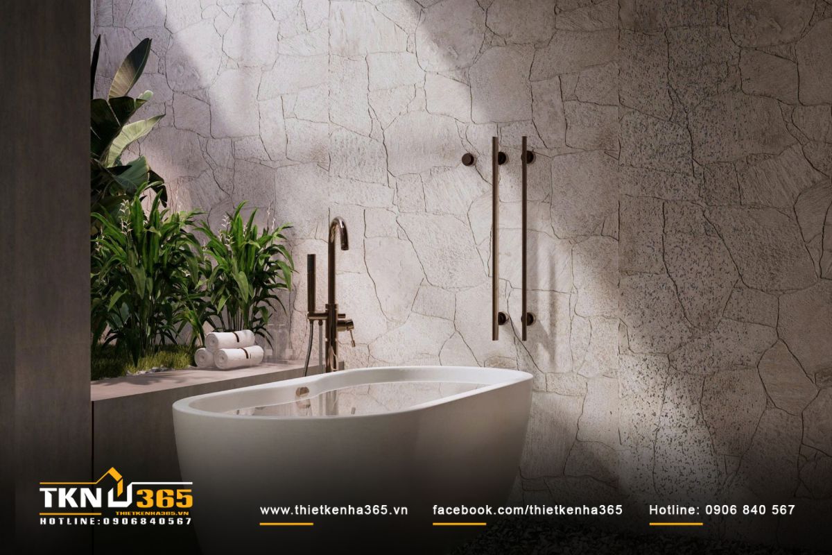 Khoảng xanh nhỏ cạnh bồn tắm giúp điều hòa không khí và mang thiên nhiên đến gần hơn với không gian sống