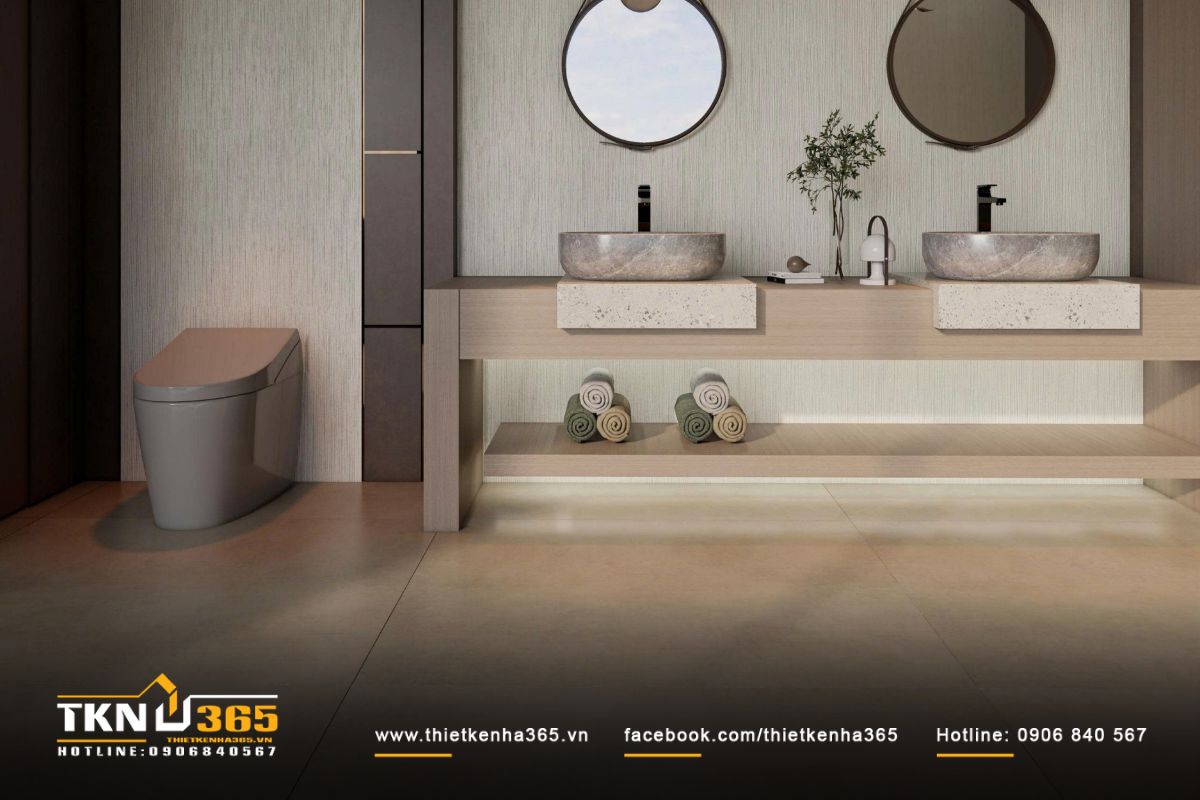 Phòng tắm hiện đại bố trí lavabo đôi bằng đá nguyên khối đặt trên bệ gỗ phẳng trang nhã