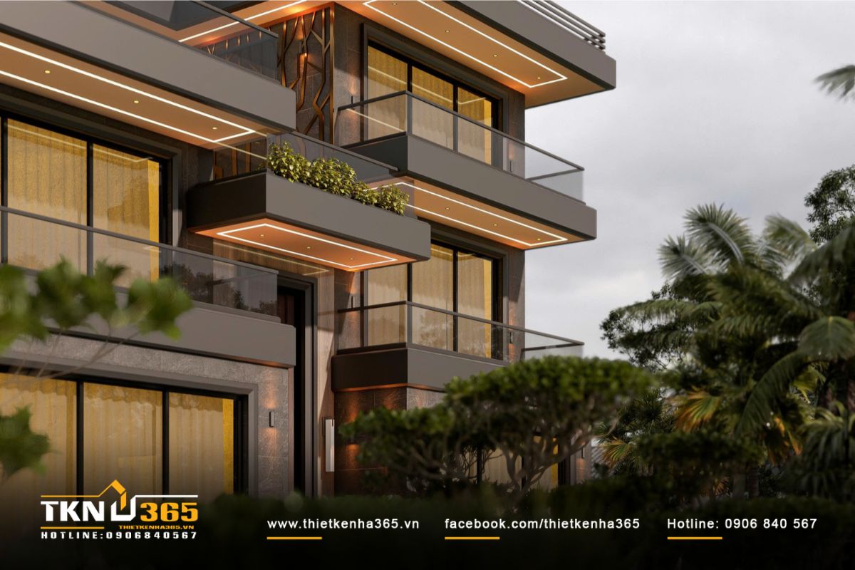 Chi tiết lam nhôm và đường viền đèn hắt tôn vinh vật liệu hiện đại trên nền màu sắc trung tính