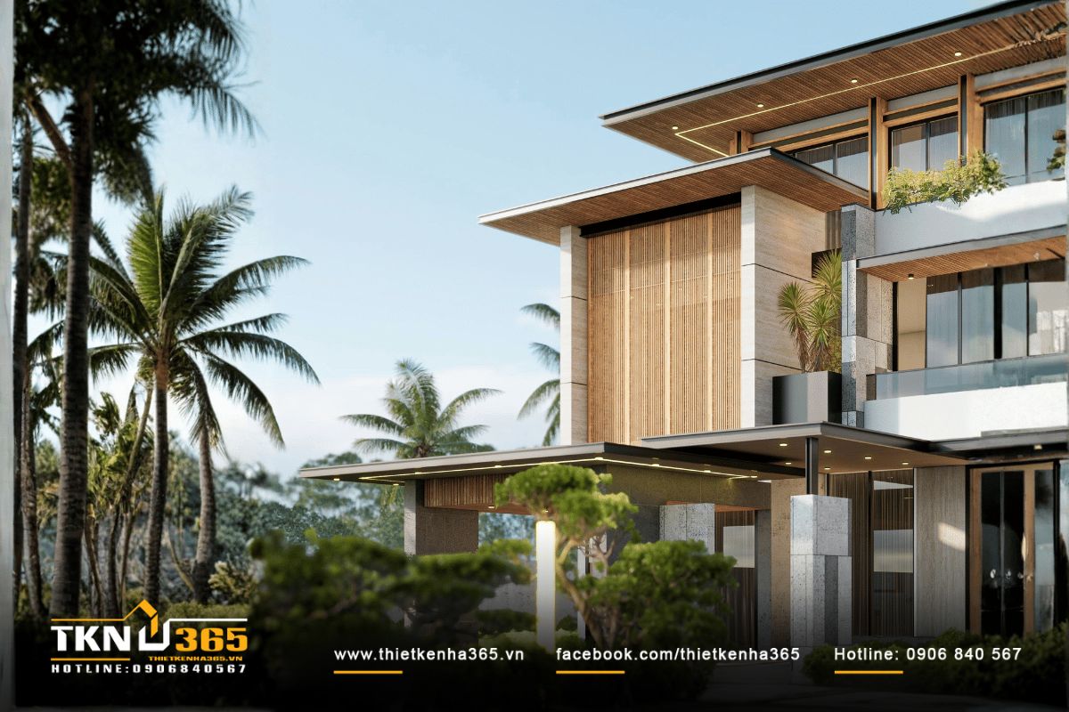 Cận cảnh chi tiết lam gỗ dọc kết hợp trần ốp gỗ chạy liên tục, thể hiện sự chỉn chu trong xử lý vật liệu