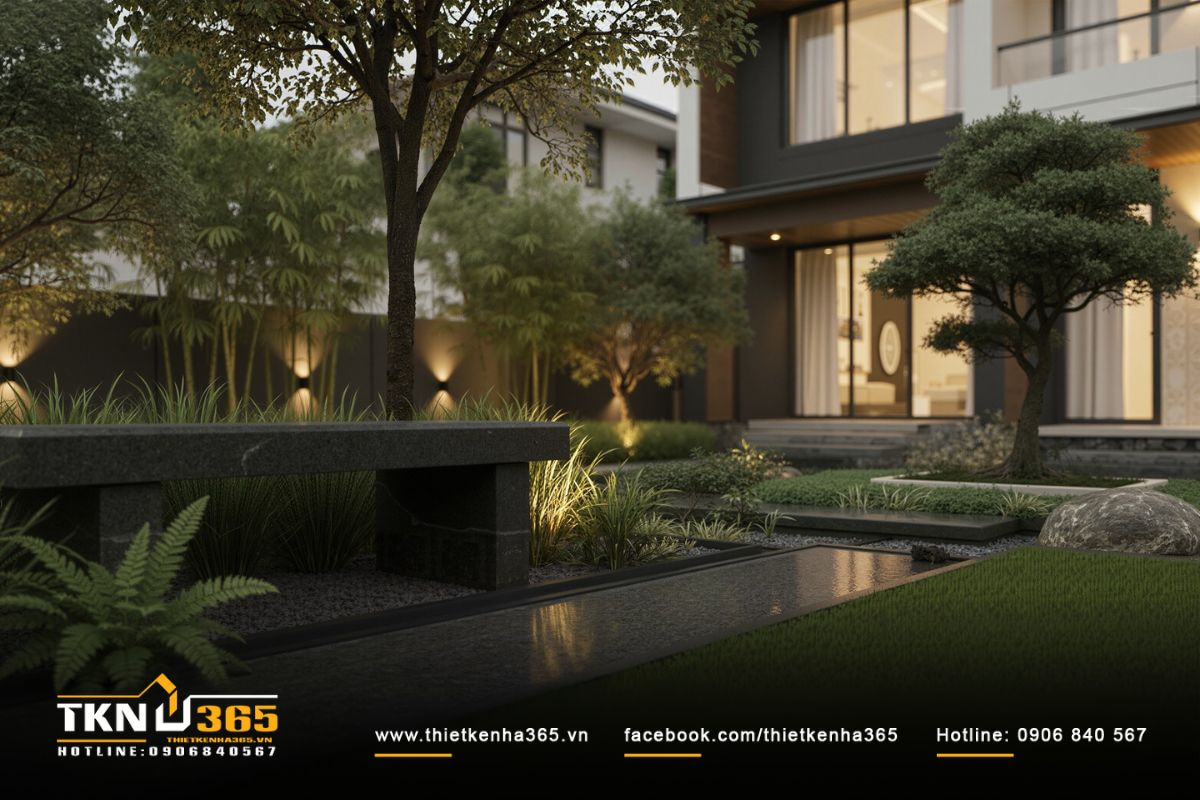 Không gian sân vườn êm dịu vào buổi chiều, ánh sáng từ đèn hắt tường làm nổi bật từng tầng lá