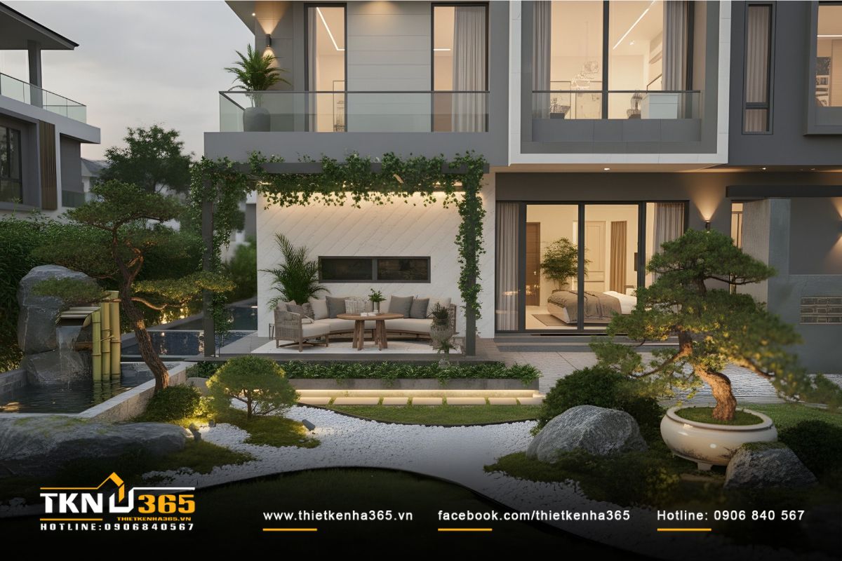 Hiên nhà bố trí sofa hướng về hồ cá koi, đây là góc thư giãn yên ả để gia chủ trò chuyện và thưởng trà trong không khí trong lành