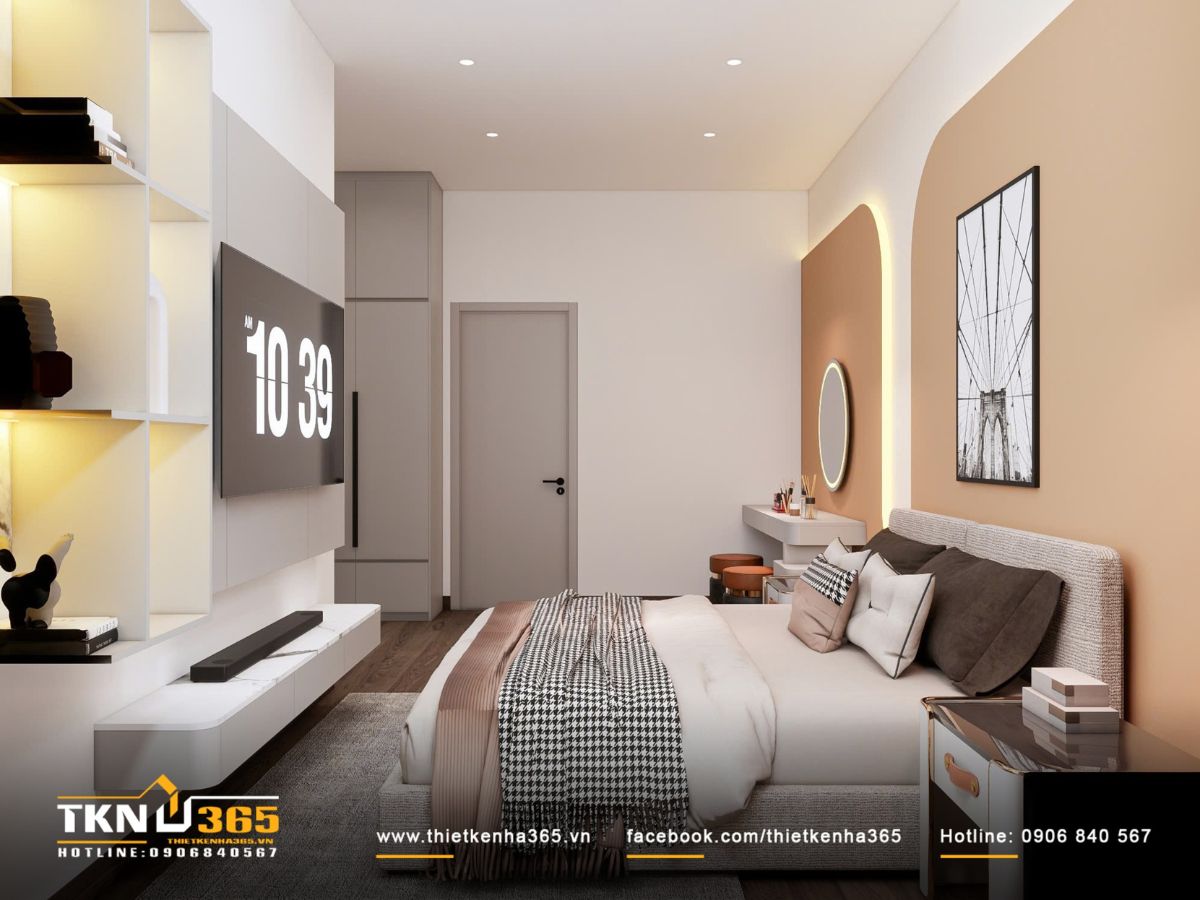 Tông màu be - nâu và ánh sáng gián tiếp tạo nên không gian nghỉ ngơi ấm áp, cân bằng thị giác