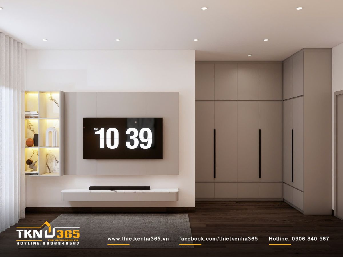 Hệ tủ quần áo và kệ tivi thiết kế phẳng mịn, đảm bảo sự gọn gàng và liền mạch cho tổng thể