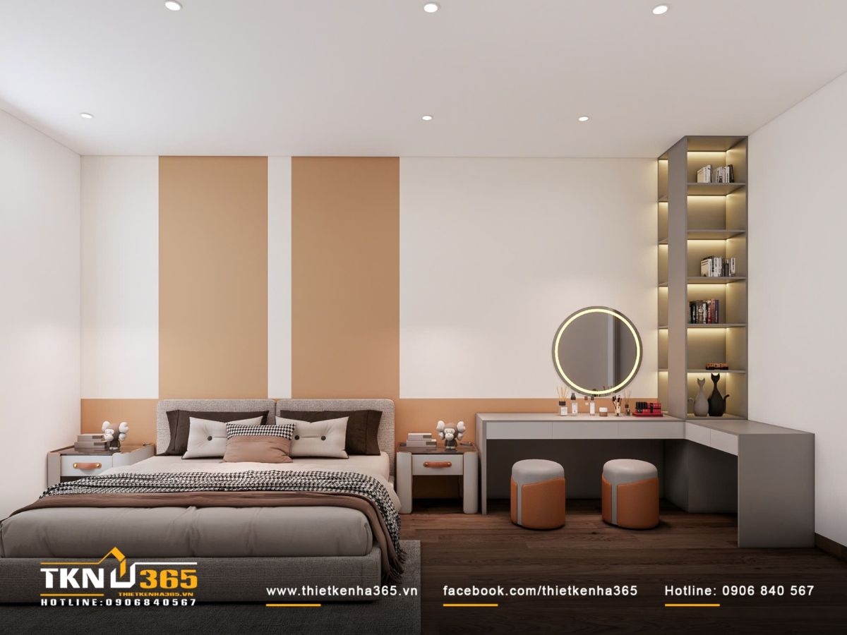 Bàn trang điểm liền kệ lưu trữ, ánh sáng vàng dịu gợi bầu không khí ấm cúng và dễ chịu