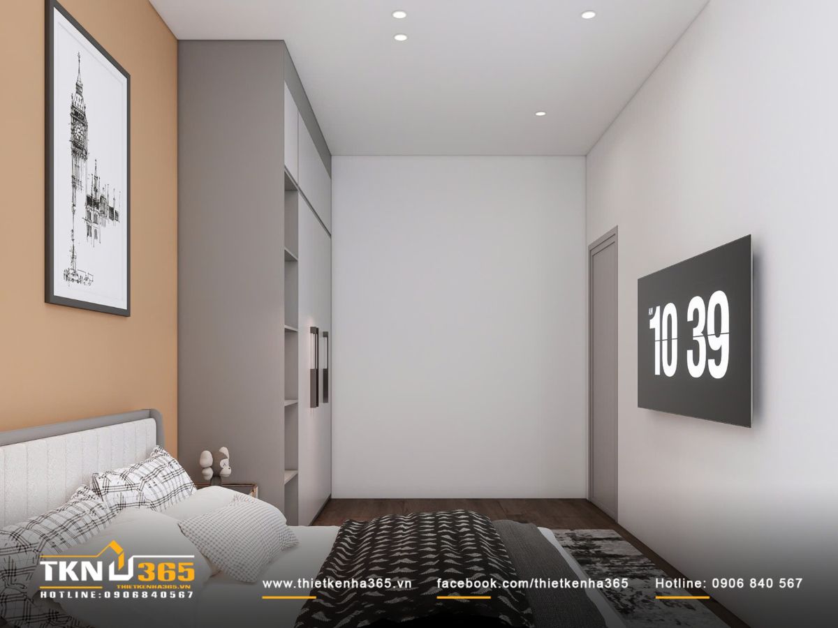 Phòng ngủ nhỏ sử dụng tông màu cam nhẹ, mang đến cảm giác trẻ trung và gần gũi