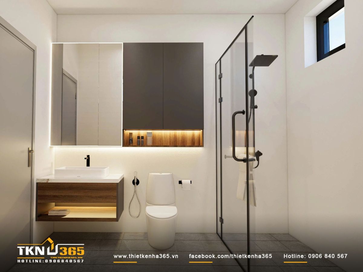 Phòng tắm sử dụng vách ngăn kính phân chia rõ ràng hai khu vực khô và ướt