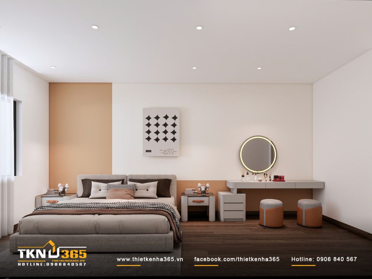 Phòng ngủ ngập tràn ánh sáng tự nhiên từ cửa sổ, rèm mỏng ngăn nắng gắt giúp không gian nghỉ ngơi thoải mái, dễ chịu