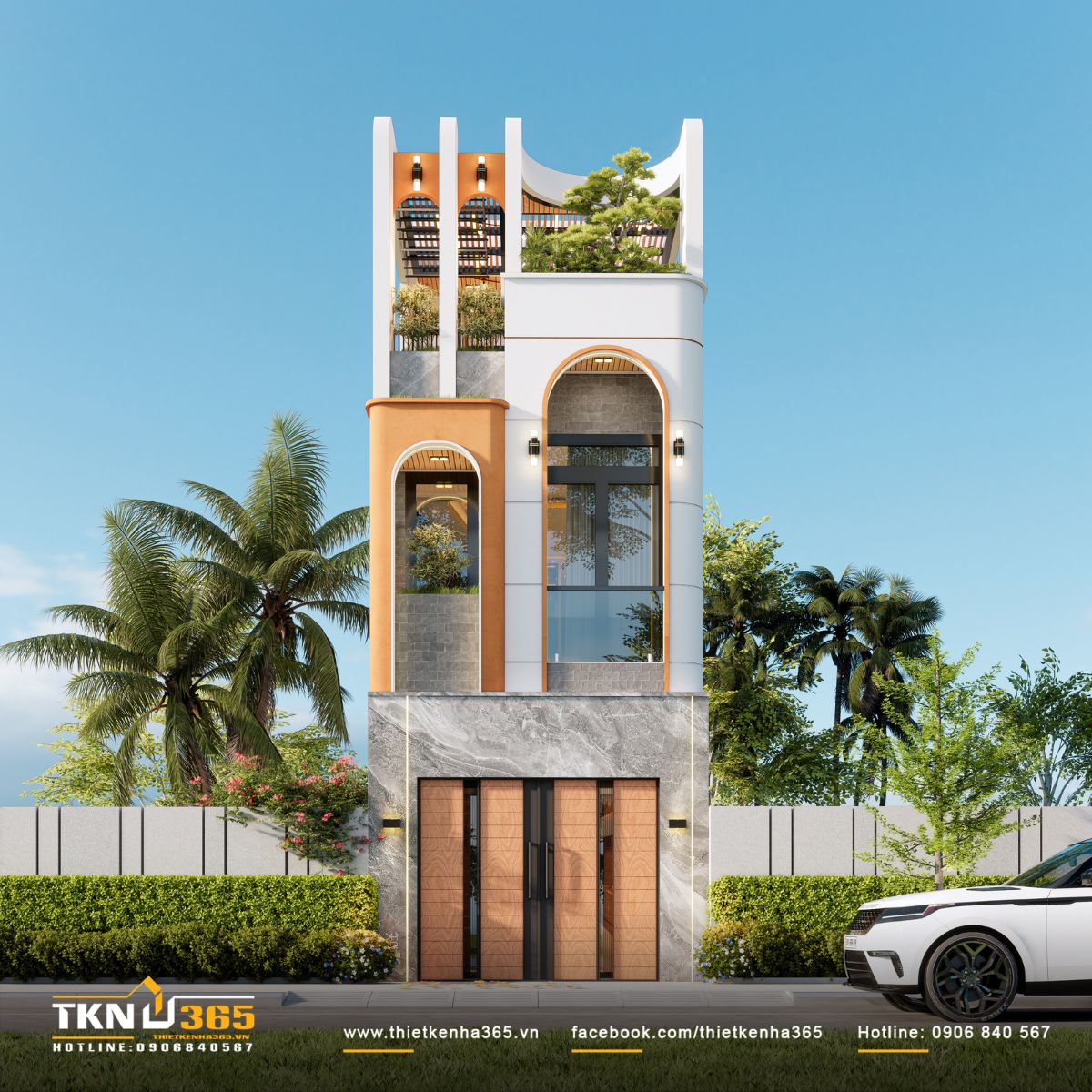 Mặt tiền D’s House nổi bật với vòm cong và sắc cam làm điểm nhấn, kết hợp mảng đá xám vân lớn tạo nền vững chãi cho toàn bộ hình khối