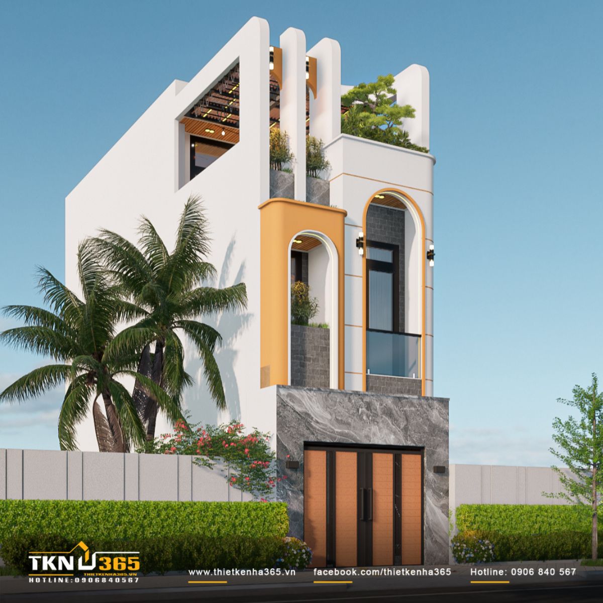 Cấu trúc các vòm liên tiếp kết hợp khoảng xanh ở tầng hai - tầng ba mang lại chiều sâu thị giác và sự mềm mại cho mặt đứng hiện đại