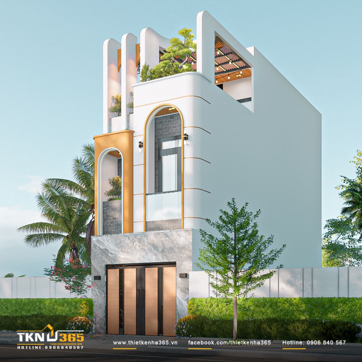 Khối mái mở, lam gỗ và khu vườn nhỏ trên sân thượng giúp công trình thông thoáng, đồng thời tạo điểm nhấn cho nhà phố 3 tầng