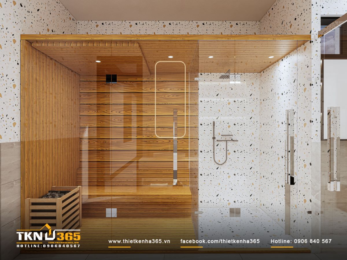 Phòng xông hơi ốp gỗ và kính chịu nhiệt, mang lại trải nghiệm thư giãn chuẩn spa ngay tại nhà