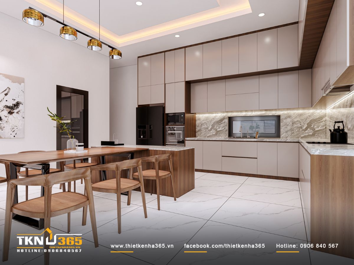 Hệ tủ bếp kịch trần bố trí khoa học giúp tối ưu không gian lưu trữ, giữ tổng thể gọn gàng và sạch sẽ