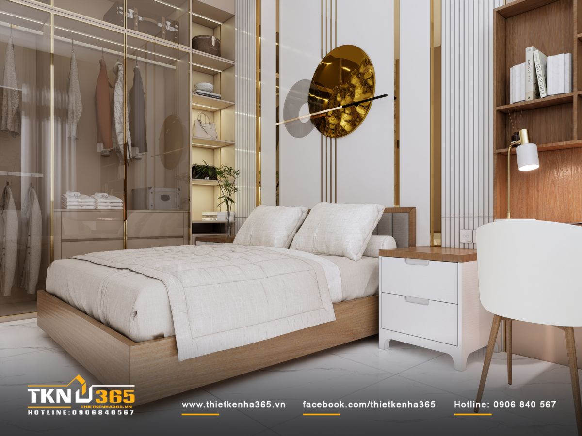 Giường bọc nệm tông be nhẹ nhàng, đồng điệu với mảng đầu giường trang trí tinh giản