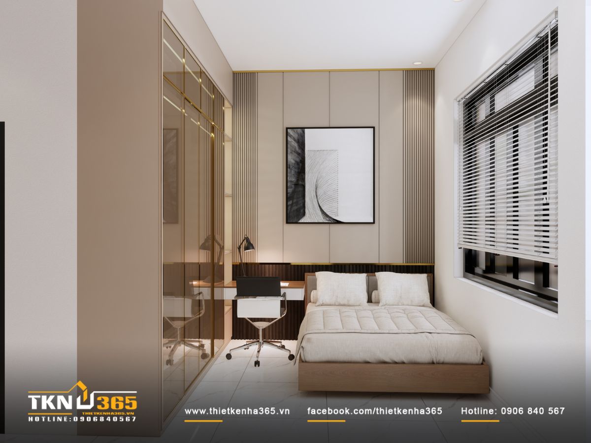 Góc làm việc nhỏ gọn bố trí ngay bên cạnh giường ngủ, tận dụng tối đa nguồn ánh sáng tự nhiên từ cửa sổ