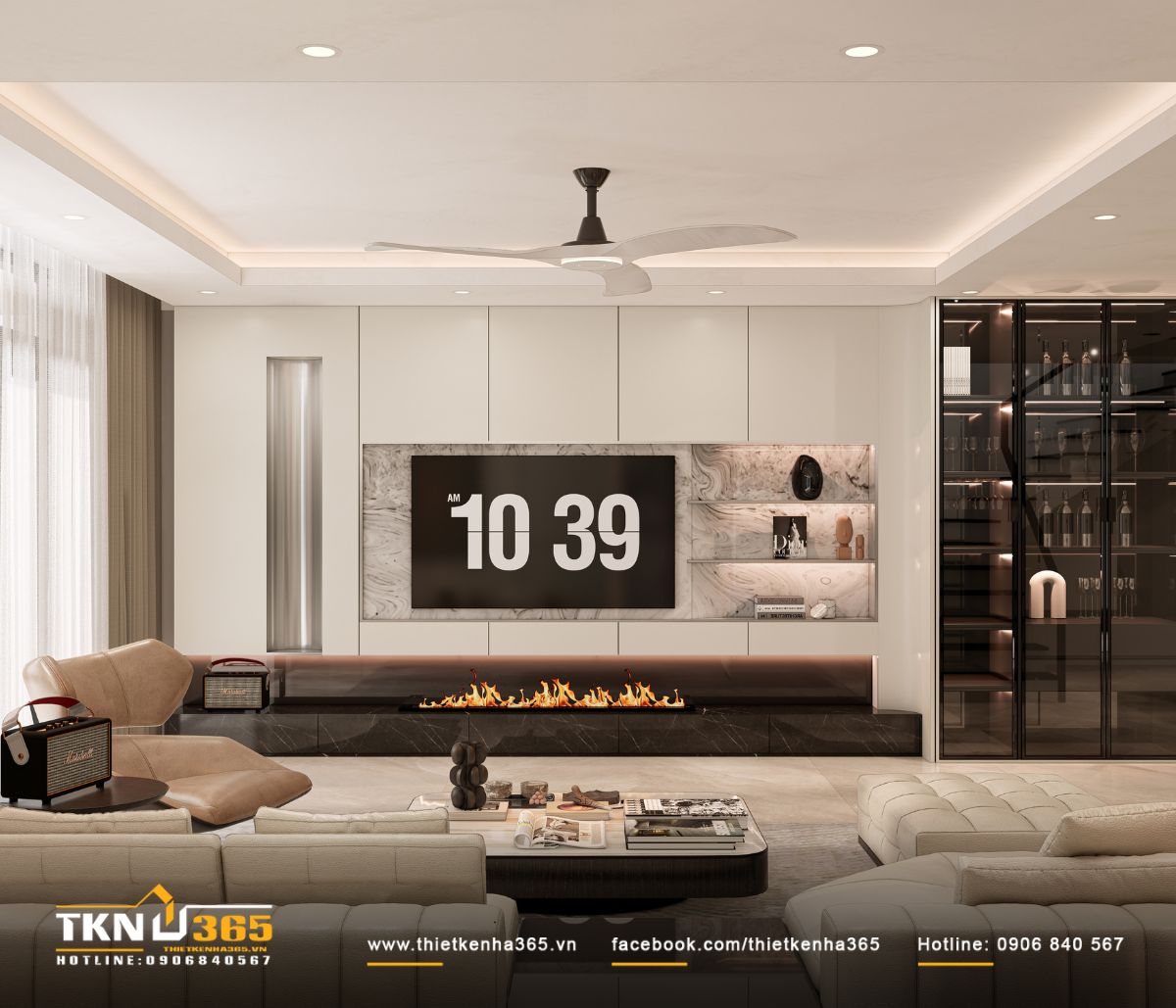 Phòng khách hiện đại với trần giật cấp và hệ đèn LED chạy viền, tạo nền ánh sáng nhiều lớp cho toàn bộ không gian