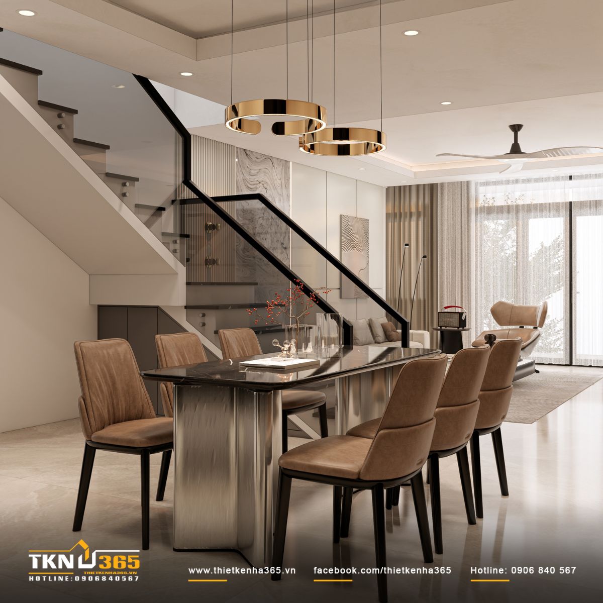 Cụm đèn thả kim loại ánh champagne treo thấp, tập trung ánh nhìn vào bàn ăn