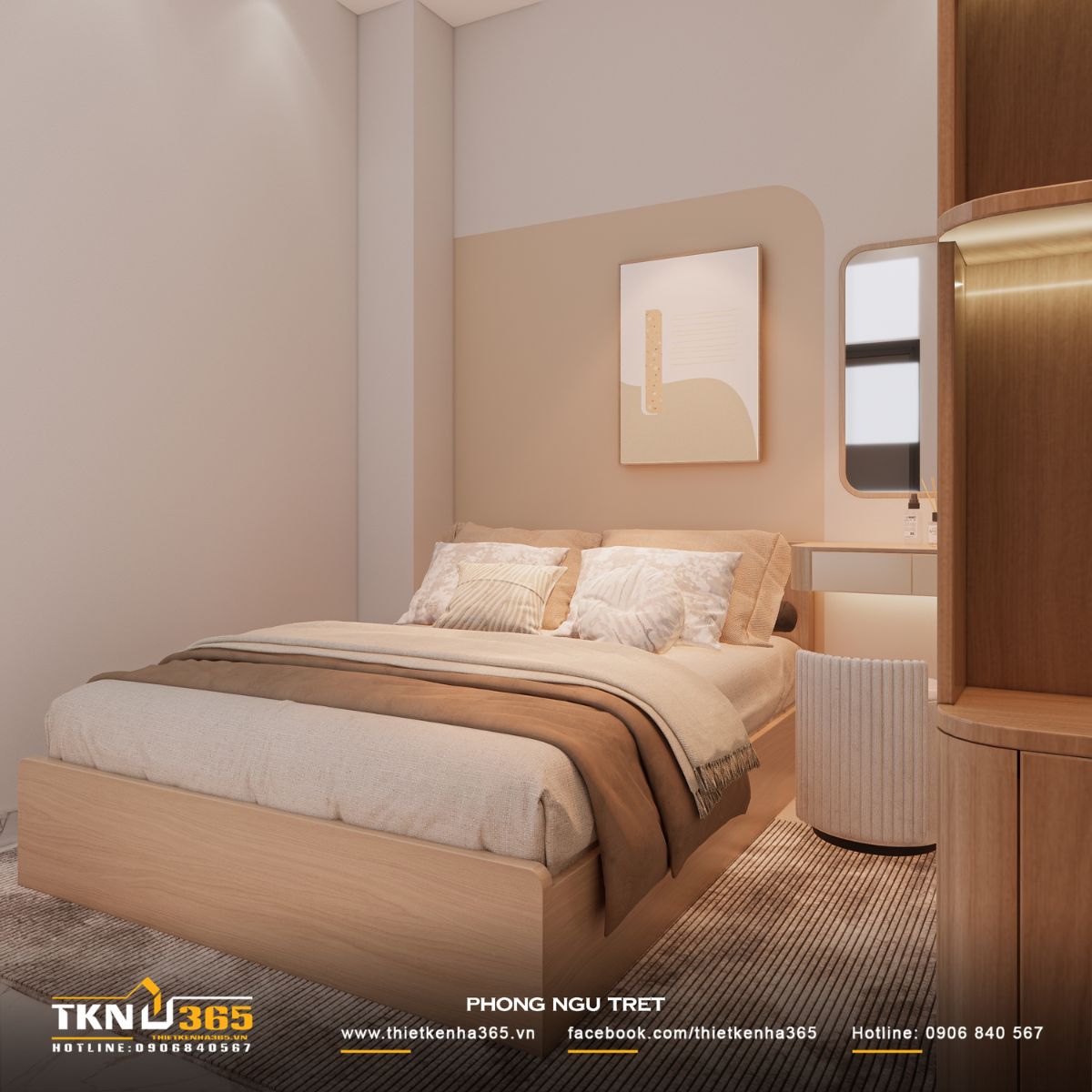 Bố cục cân bằng, đường cong đầu giường mềm mại giúp phòng ngủ nhỏ vẫn thoáng và hài hòa