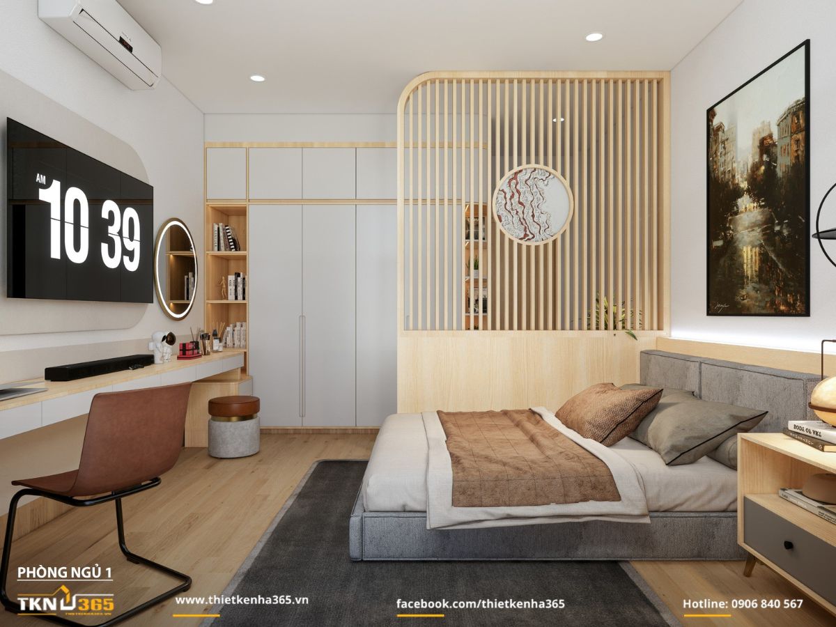 Vách lam gỗ bo cong với ô tròn trang trí tạo điểm nhấn mềm mại, đồng thời che khối tủ cao kịch trần