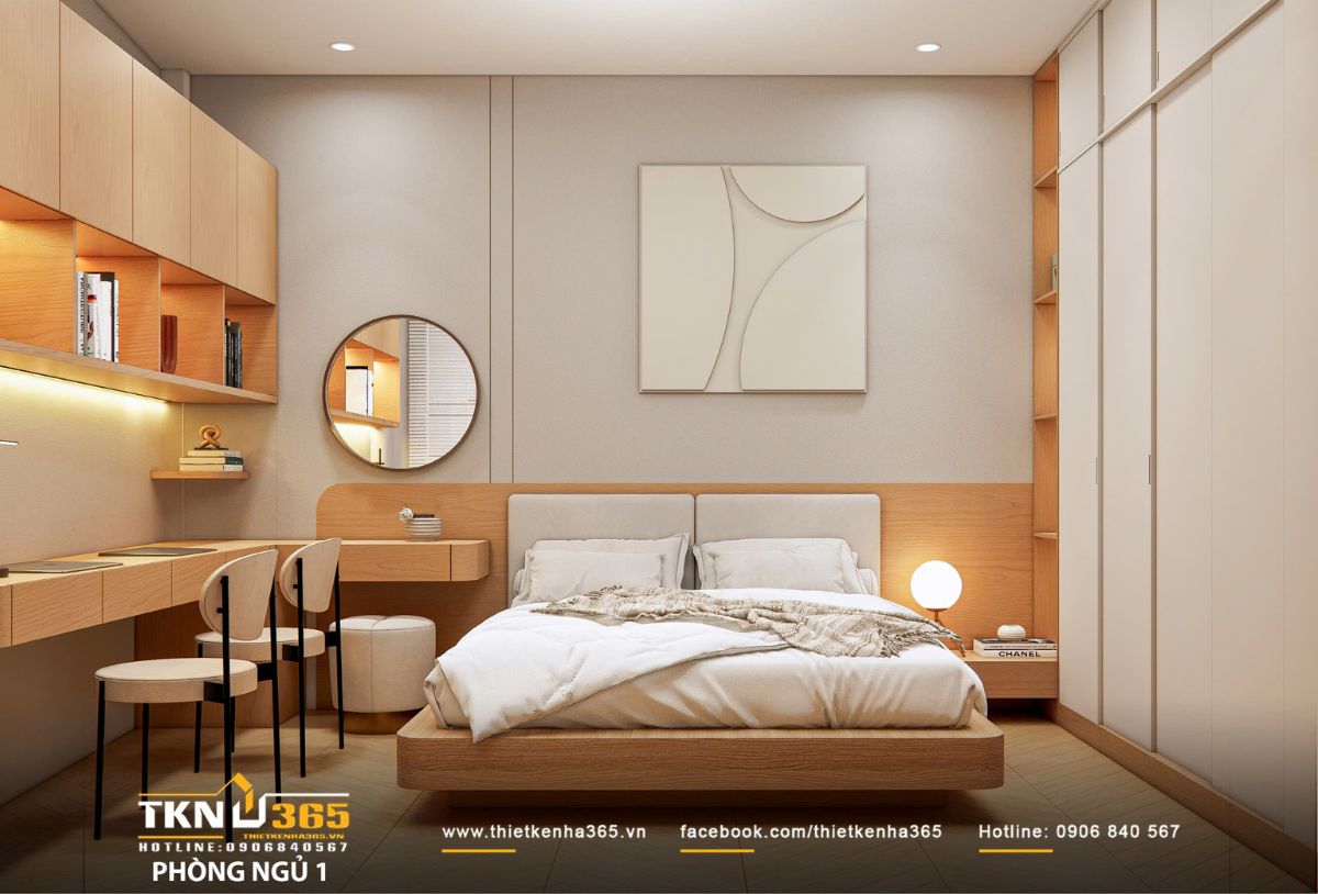 Phòng ngủ chính dùng tông be và gỗ sáng, gợi cảm giác ấm áp và cân bằng