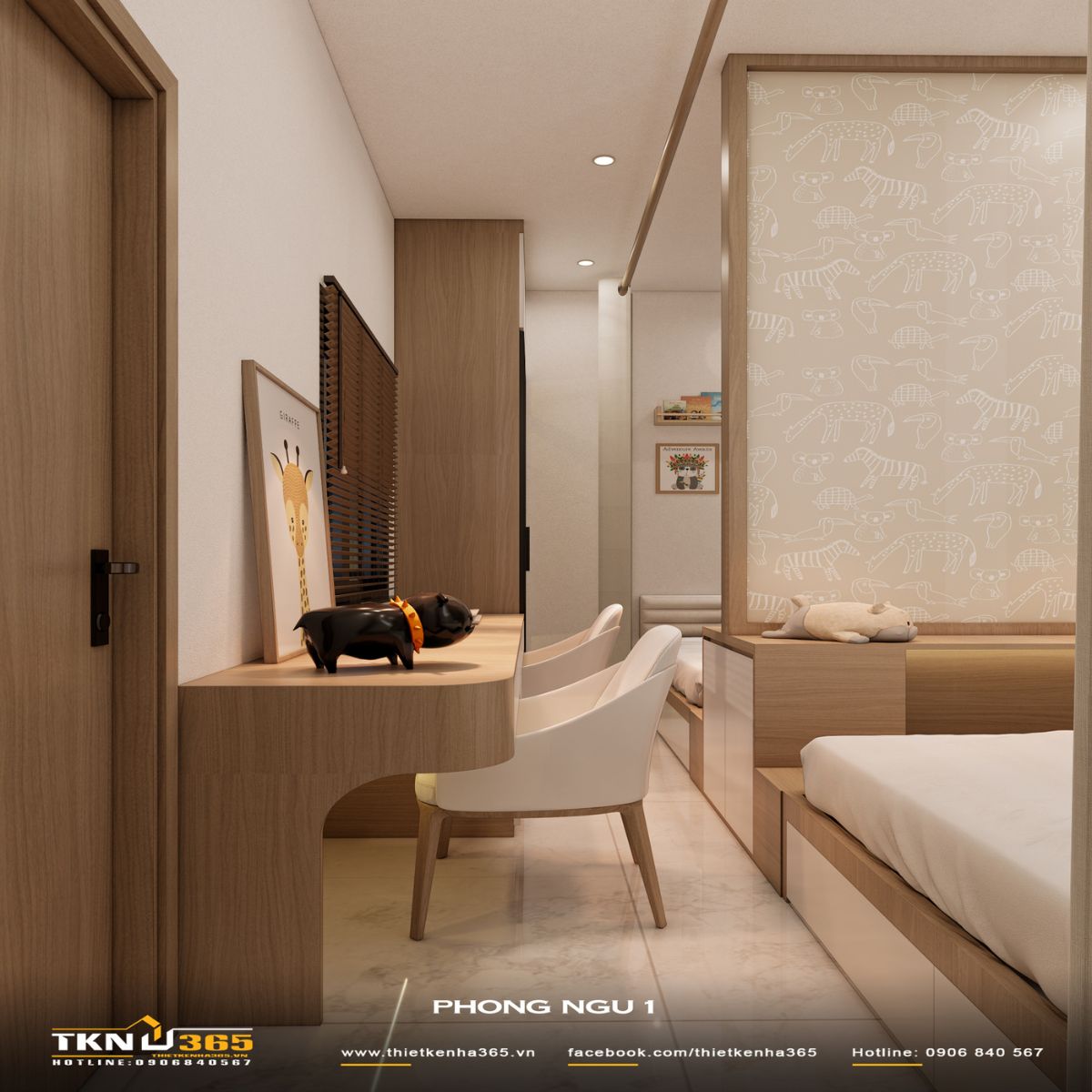 Góc học tập nhỏ gọn bố trí sát tường, sử dụng chất liệu gỗ sáng tạo cảm giác ấm áp và tập trung