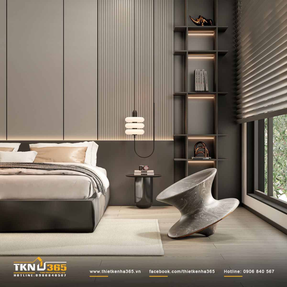 Không gian phòng ngủ ngập tràn ánh sáng tự nhiên từ cửa sổ, chất liệu kính được tận dụng tối đa giúp mở rộng tầm nhìn ra cảnh quan xung quanh