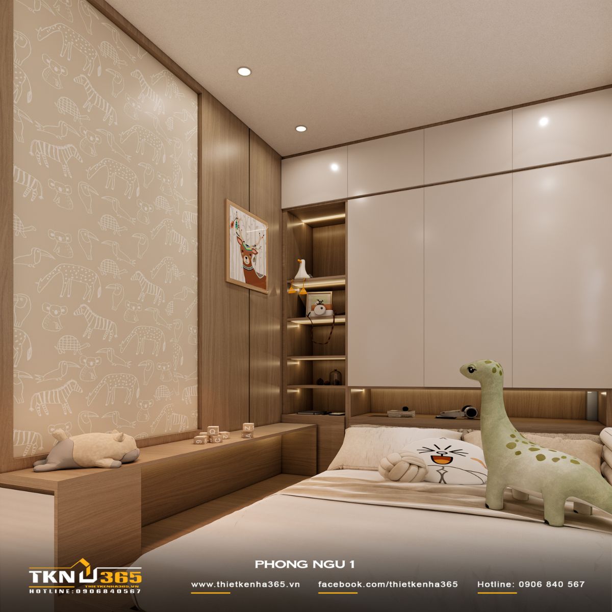 Hệ tủ cao kết hợp kệ mở viền đèn LED giúp sắp xếp đồ dùng gọn gàng mà vẫn sinh động