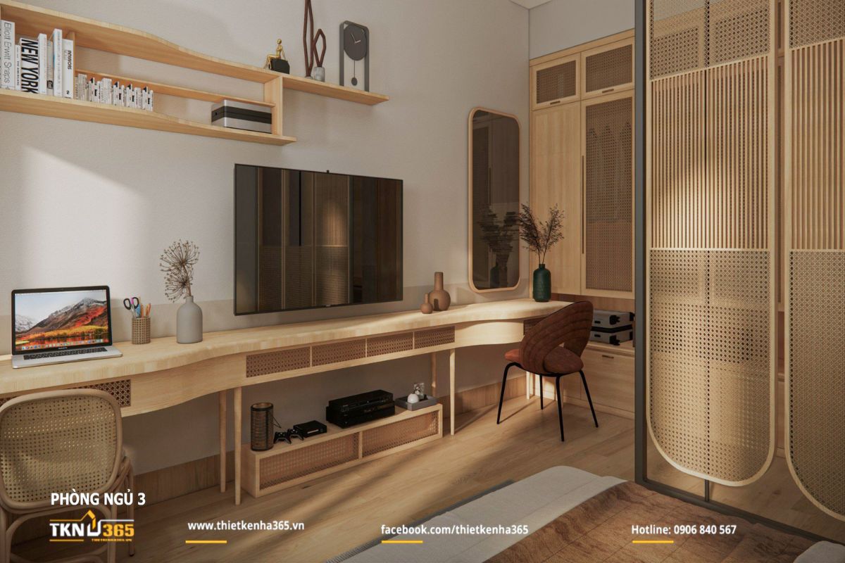 Bàn làm việc dài bố trí dọc tường, kết hợp kệ treo tối giản, tối ưu diện tích cho sinh hoạt hàng ngày